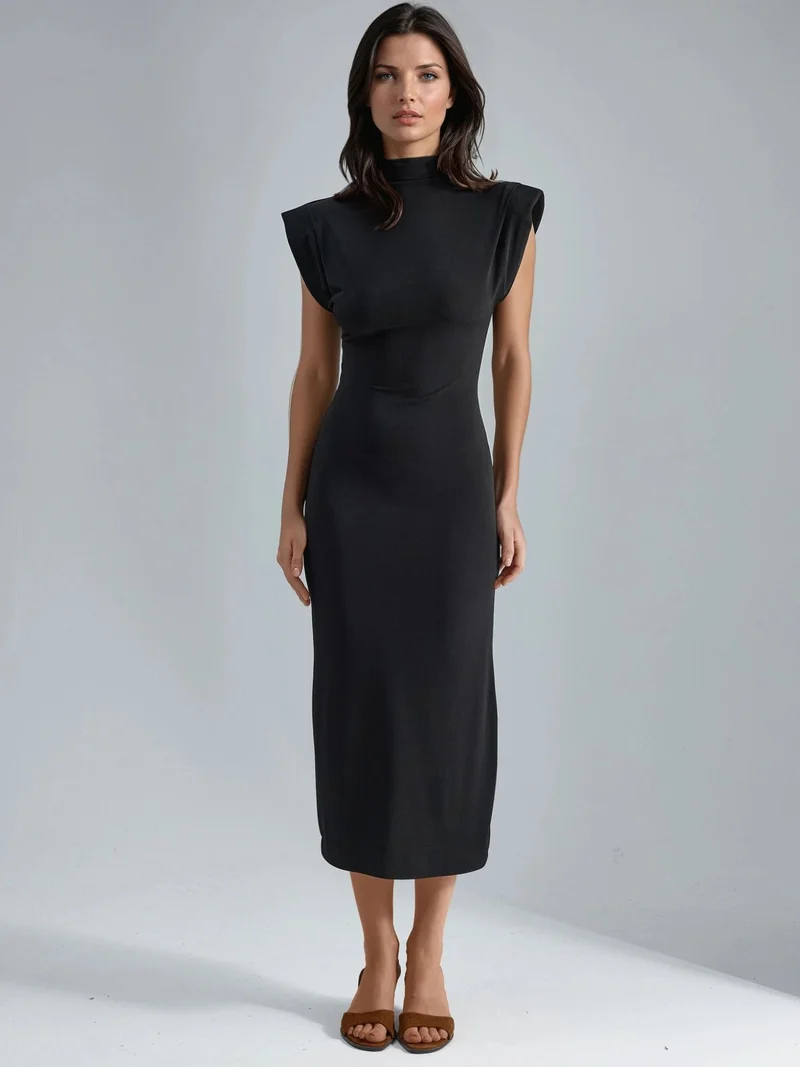 Busem Black BUSEM Padded Slit Detailed Midi Dress for Women | Best Price UAE